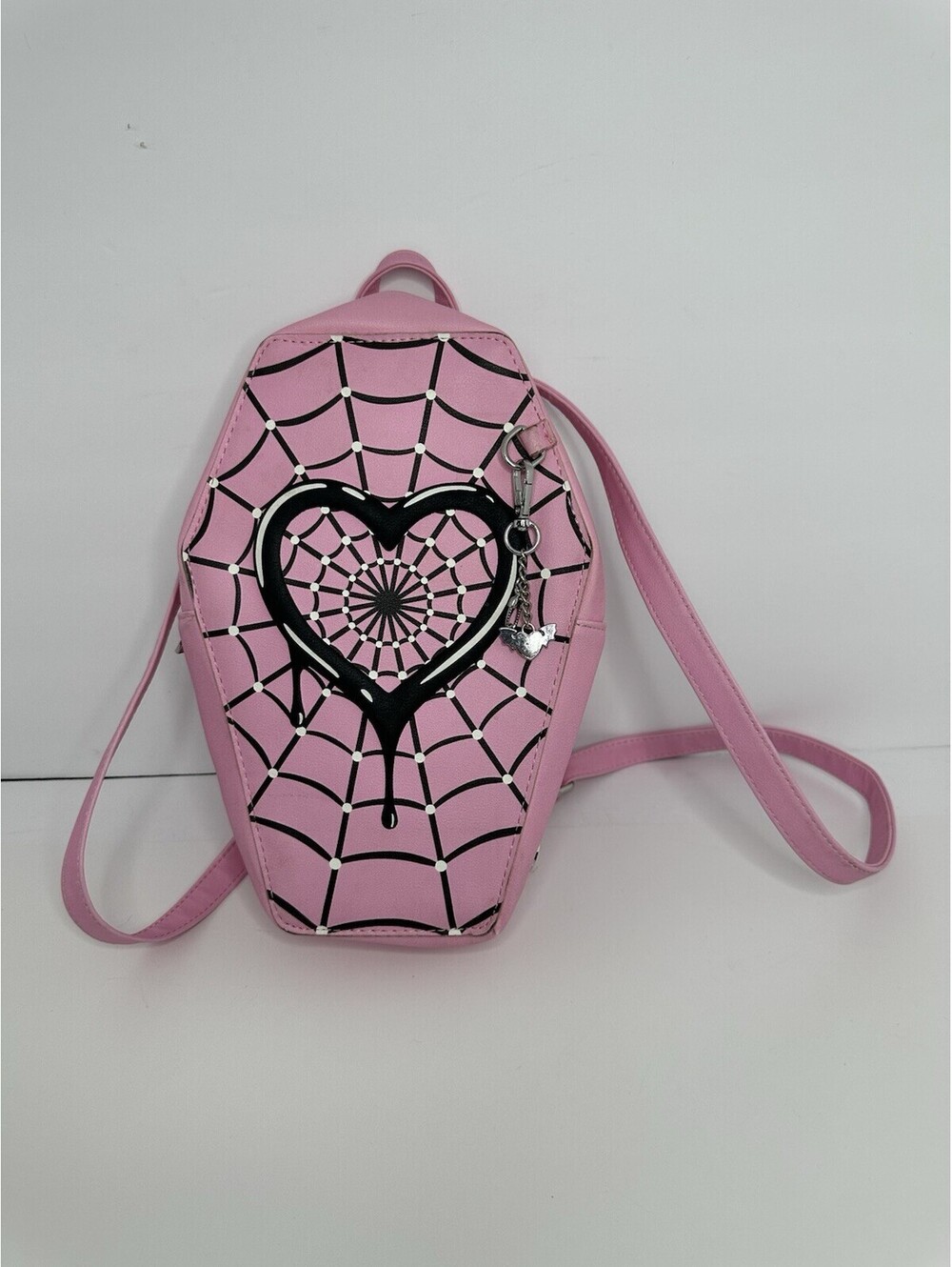 Monster High Pink & Black Mini Backpack Spiderweb Heart Faux Leather Zip Strap